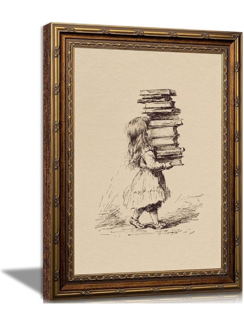 Vintage Gold Framed Wall Art - Girl Reading Books Canvas Print 24x16 In